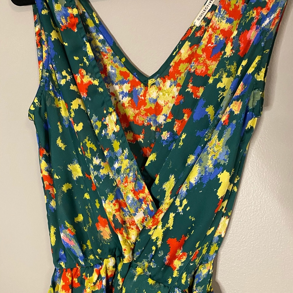 Abstract floral satin double v faux wrap dress s S